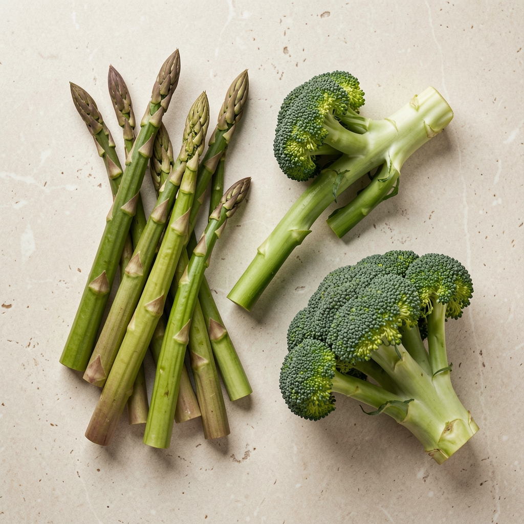 Fresh spring vegetables on a pale stone surface, asparagus and sprouting broccoli, editorial overhead view