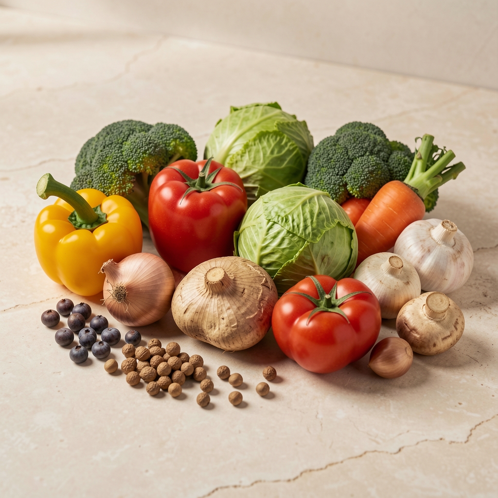 Seasonal vegetables and whole foods arranged on a pale stone surface, editorial composition with natural side lighting